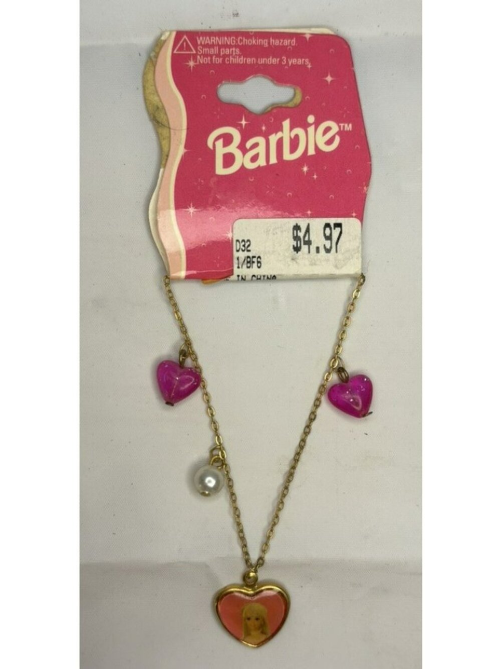 Vintage 1998 Barbie Charm Bracelet W/ TAG Gold Tone Heart Charm Pearl Mattel